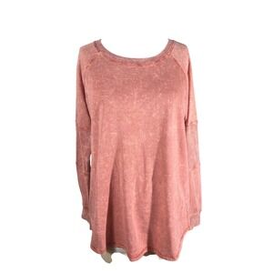 Like Love Womens Coral Acid Wash Raglan Long Sleeve Top JOE1-124 Small